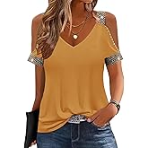 kipfall Womens Cold Shoulder Tops with Sequins V Neck Short Sleeve T Shirts Casual Loose Fit Basic Tee