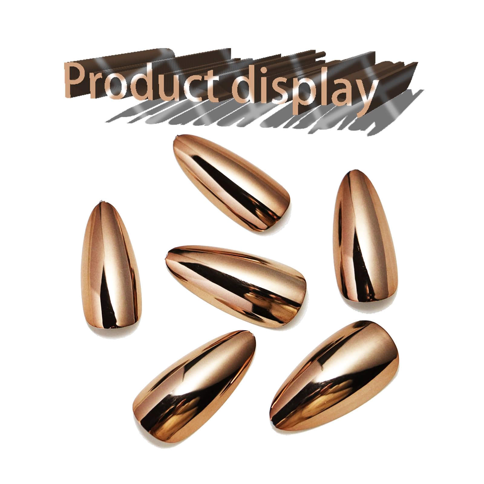 Bronze Chrome Press on Nails Medium Almond, Stiletto Fake Nails with Bling Design, Glossy Mirror Metal Acrylic False Nails Stick on Nails for Women Girls, Gel Glue on Nails for Daily Party Wear - Image 5