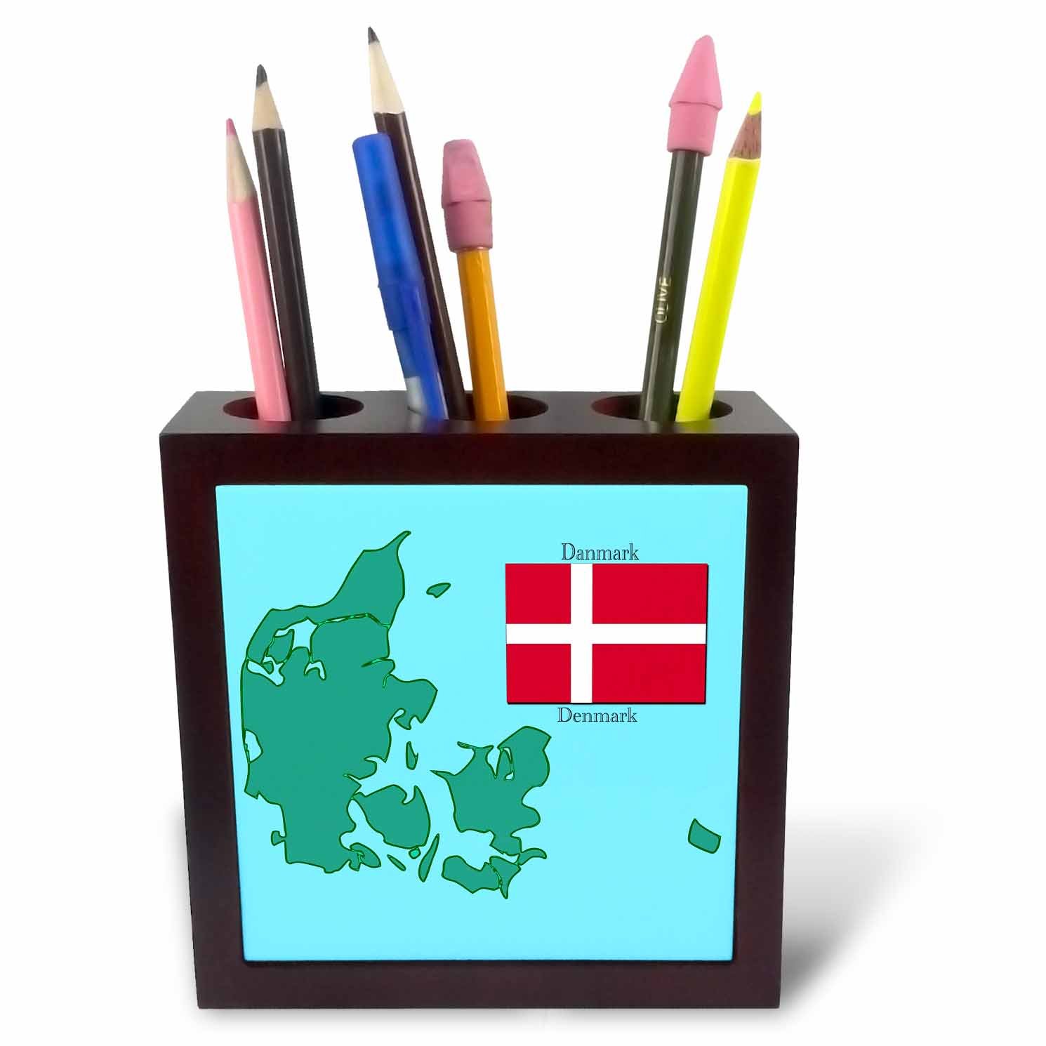 3dRose Map and Flag Denmark Printed in English and Danish-Tile Pen Holder, 5-Inch (Ph_37583_1)
