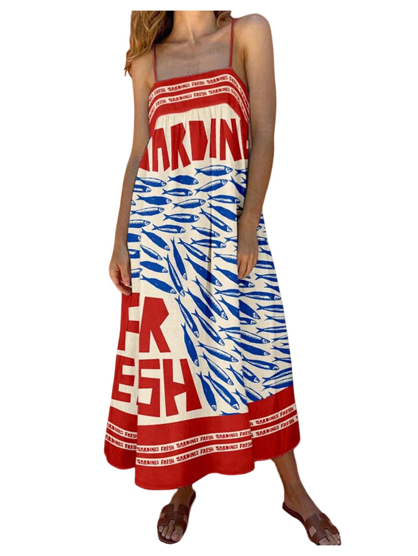 Photo 1 of SOLY HUX Women's Sundress Graphic Print Color Block Spaghetti Strap Flowy Summer Long Cami Dress Red Letter Large