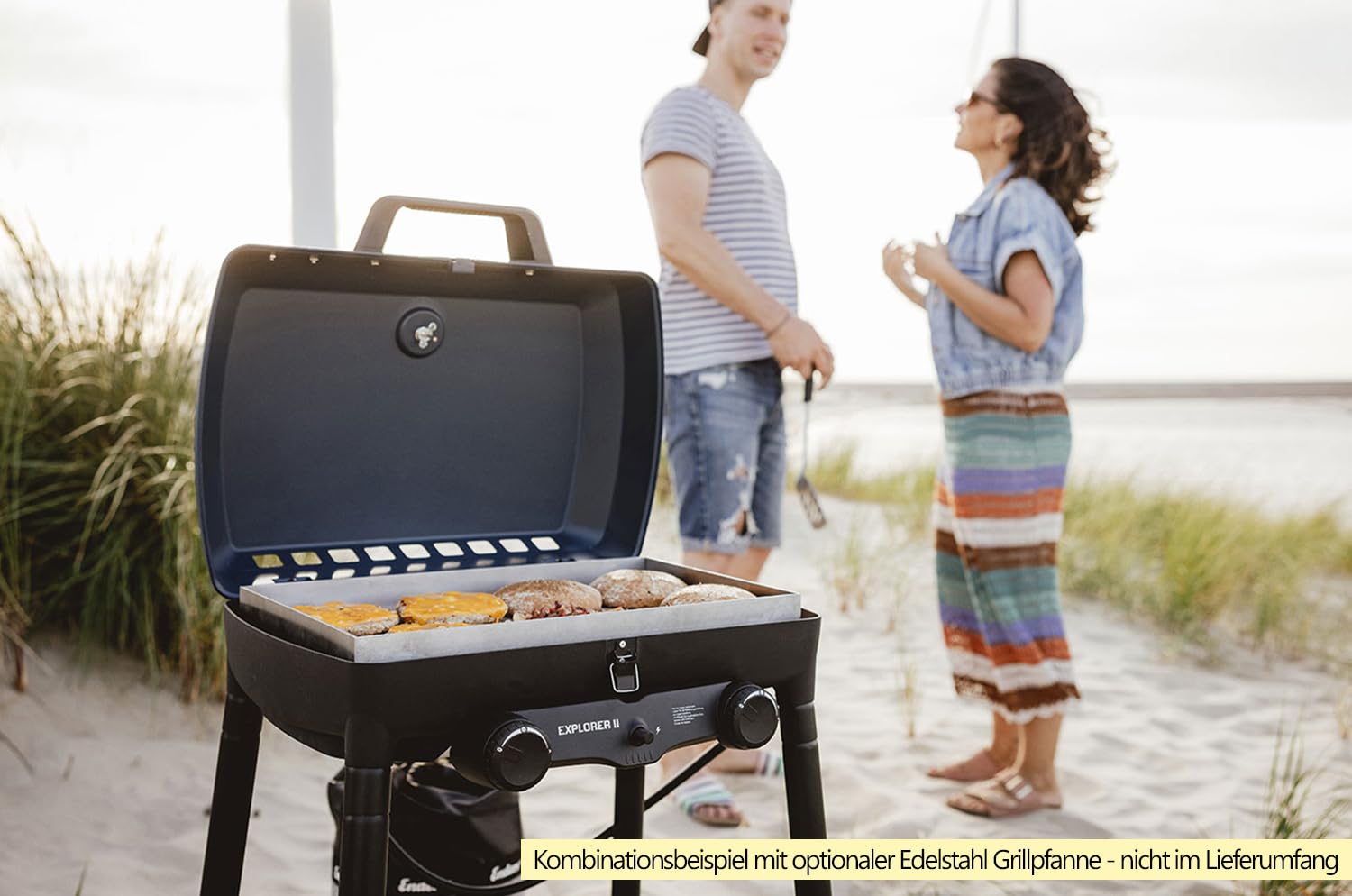 Enders Camping Gasgrill Explorer II, Grill-Thermometer, Grillen-, Kochen-, Backen Funktion, 2 Brenner Edelstahl, kleiner Balkon-Picknick-Grill, Aluguss-Grillwanne #2104, Blau 4
