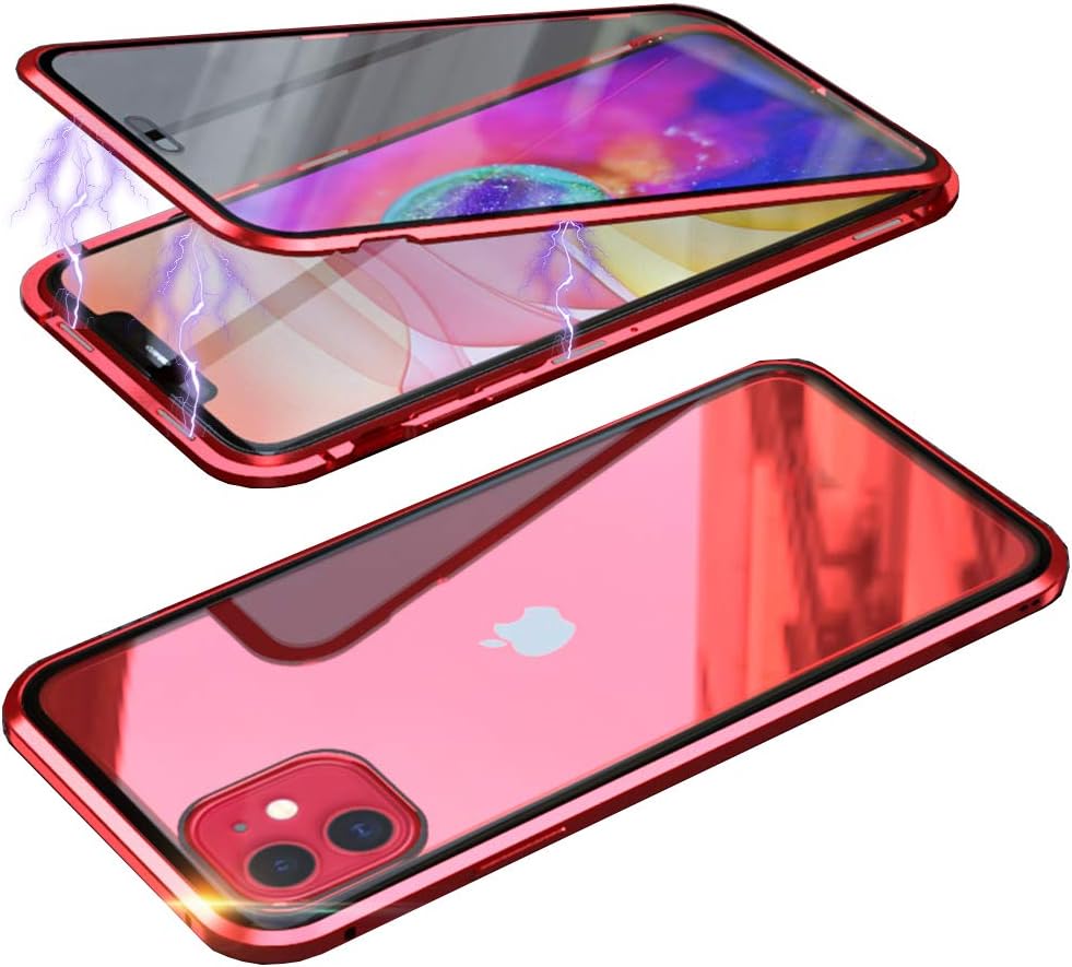 HikerClub iPhone 11 Magnetic Case Full Body Protection Metal Glass Flip Built-in Screen Protector Front and Back 9H Tempered Glass Clear Touchable HD Cover for iPhone 11 6.1 inch (Red)