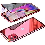 HikerClub iPhone 11 Magnetic Case Full Body Protection Metal Glass Flip Built-in Screen Protector Front and Back 9H Tempered Glass Clear Touchable HD Cover for iPhone 11 6.1 inch (Red)