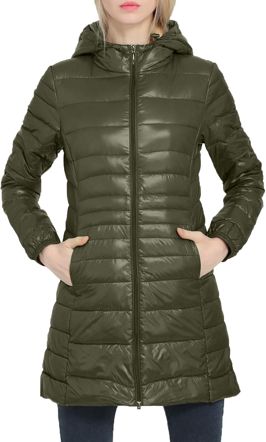 Lightweight MidiLength Down Jacket for Women Zipper Hooded Winter Warm