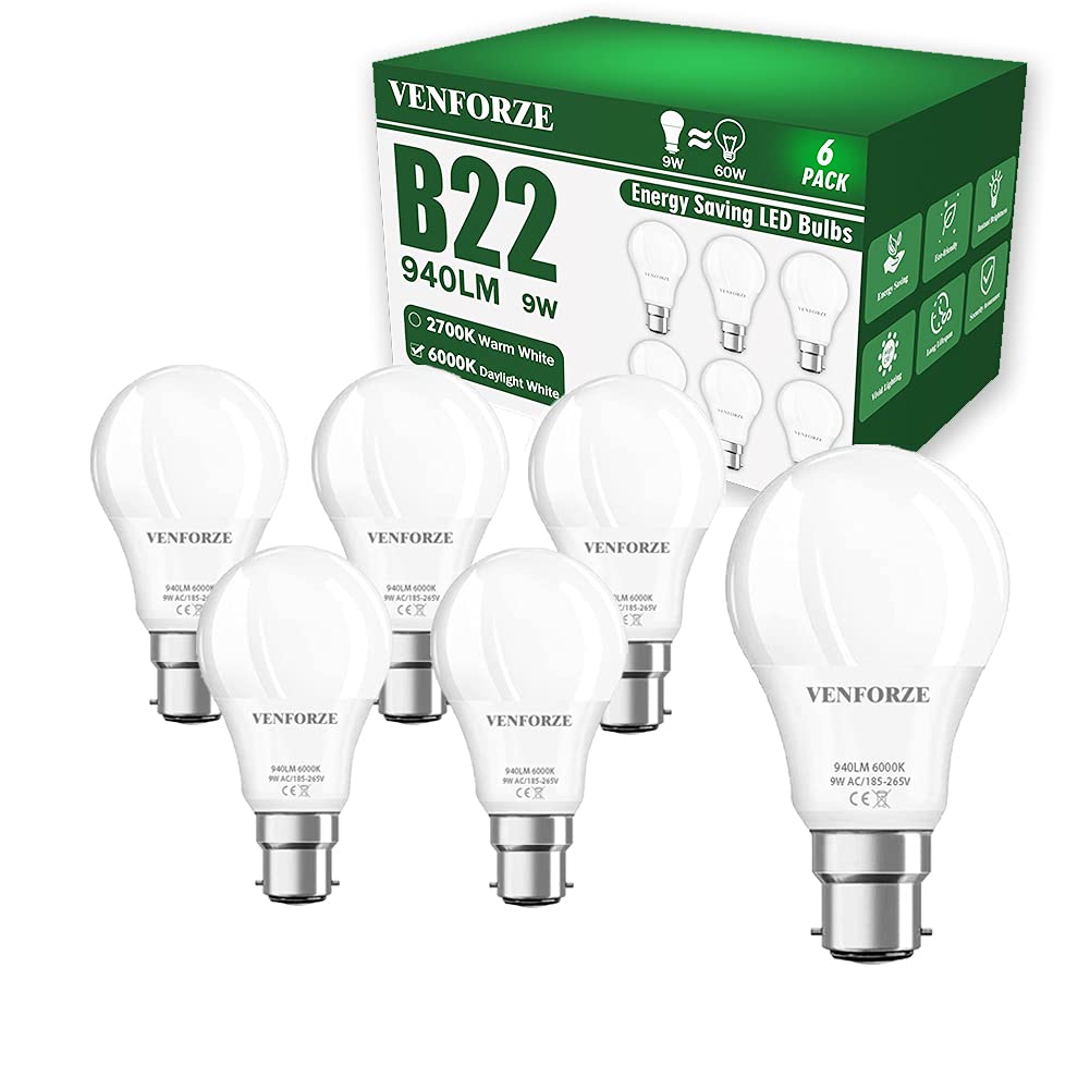 Venforze Bayonet Light Bulbs, 9W(Equivalent to 60W) 6000K Cool White B22 LED Bulb, 940LM A60 Bayonet Bulbs, Non Dimmable BC GLS Energy Saving Light Bulbs, Pack of 6