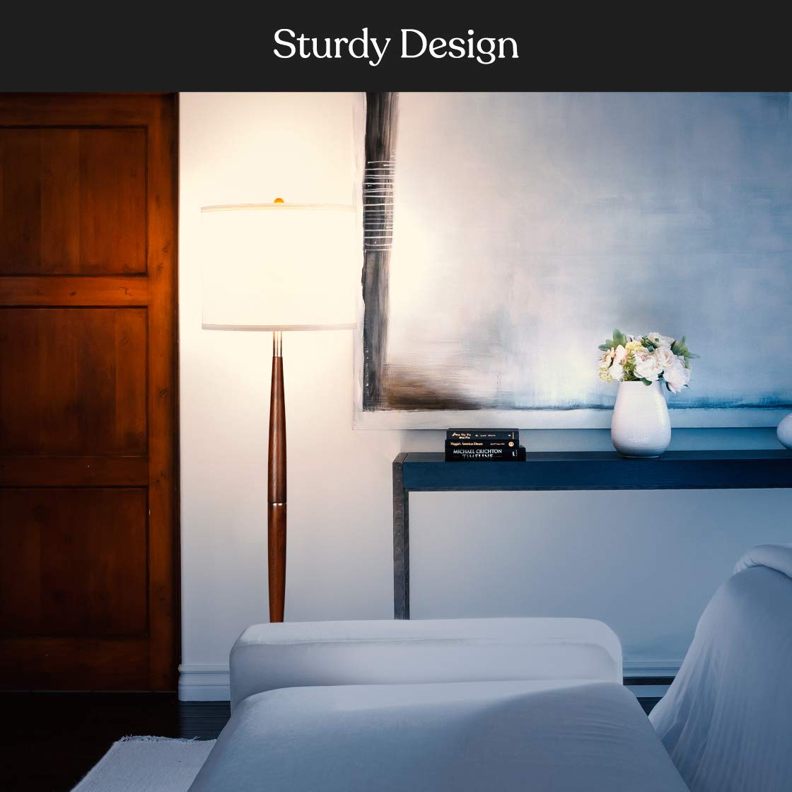 Brightech Lucas LED Floor Lamp, Modern Light for Living Rooms & Offices, Great Living Room Décor with Drum Shade & Handsome Wood Finish, Bohemian Standing Lamp for Bedroom Reading