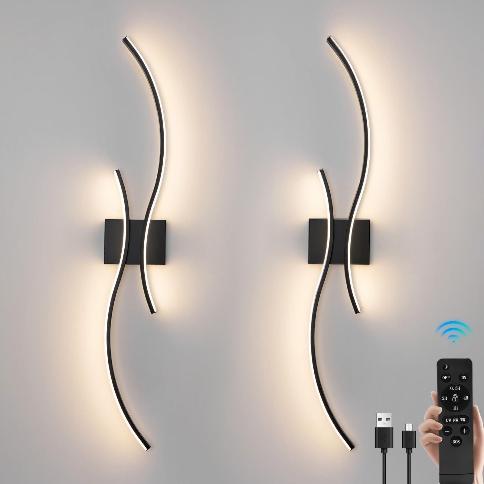 Photo 1 of Battery Operated Wall Sconces Set of 2, Dimmable Rechargeable Battery Wall Light with Remote Control, 3000K-6500K LED Black Wireless Wall Sconce for Living Room Bedroom Hallway, 31.5inch (Black)