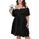 SCOMCHIC Womens Plus Size Cocktail Dress Summer Off Shoulder Short Sleeve Flowy Ruffle A-Line Cute Mini Dress with Belt