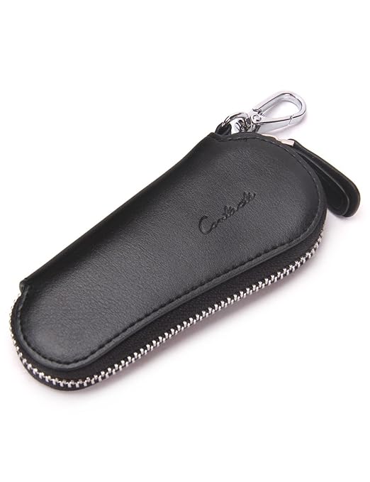 Contacts Men's Genuine Leather Car Keychain Key Holder Bag Zipper Case Remote Wallet Bag Black