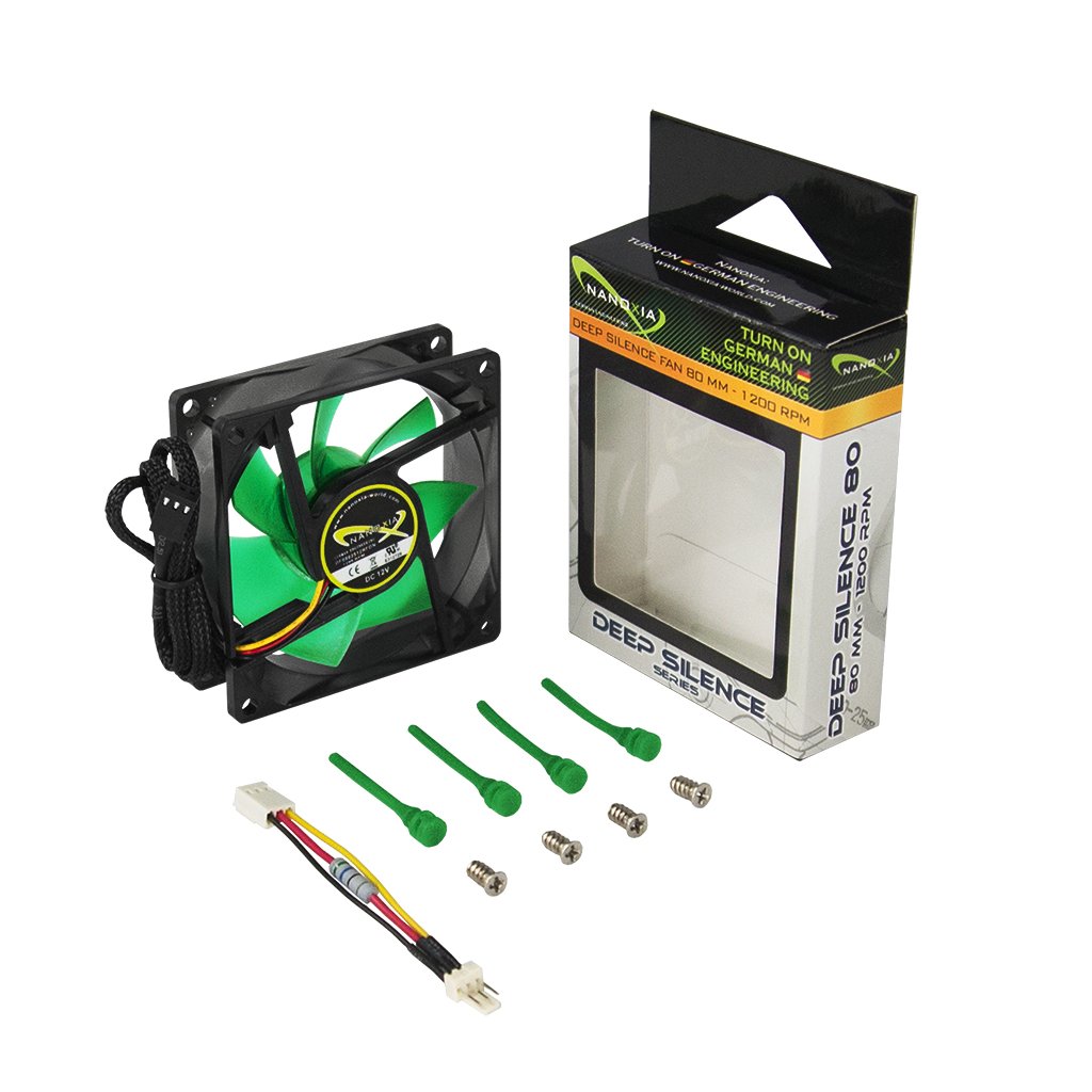 Nanoxia Deep Silence 80-1200, 80 x 80 x 25 mm, max. 1,200 rpm, max. 13.6 dBa, max. 26.8 m³/h, rubber licks, 3-pin molex, retail