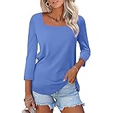 TICTICMISS Womens 3/4 Sleeve Square Neck Tops Casual Summer Tops Trendy Womens T Shirts Ladies Tops