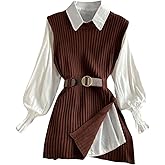 OYOANGLE Women's Split Hem Ribbed Knit Sweater Dress Crewneck Sleeveless Short Dresses