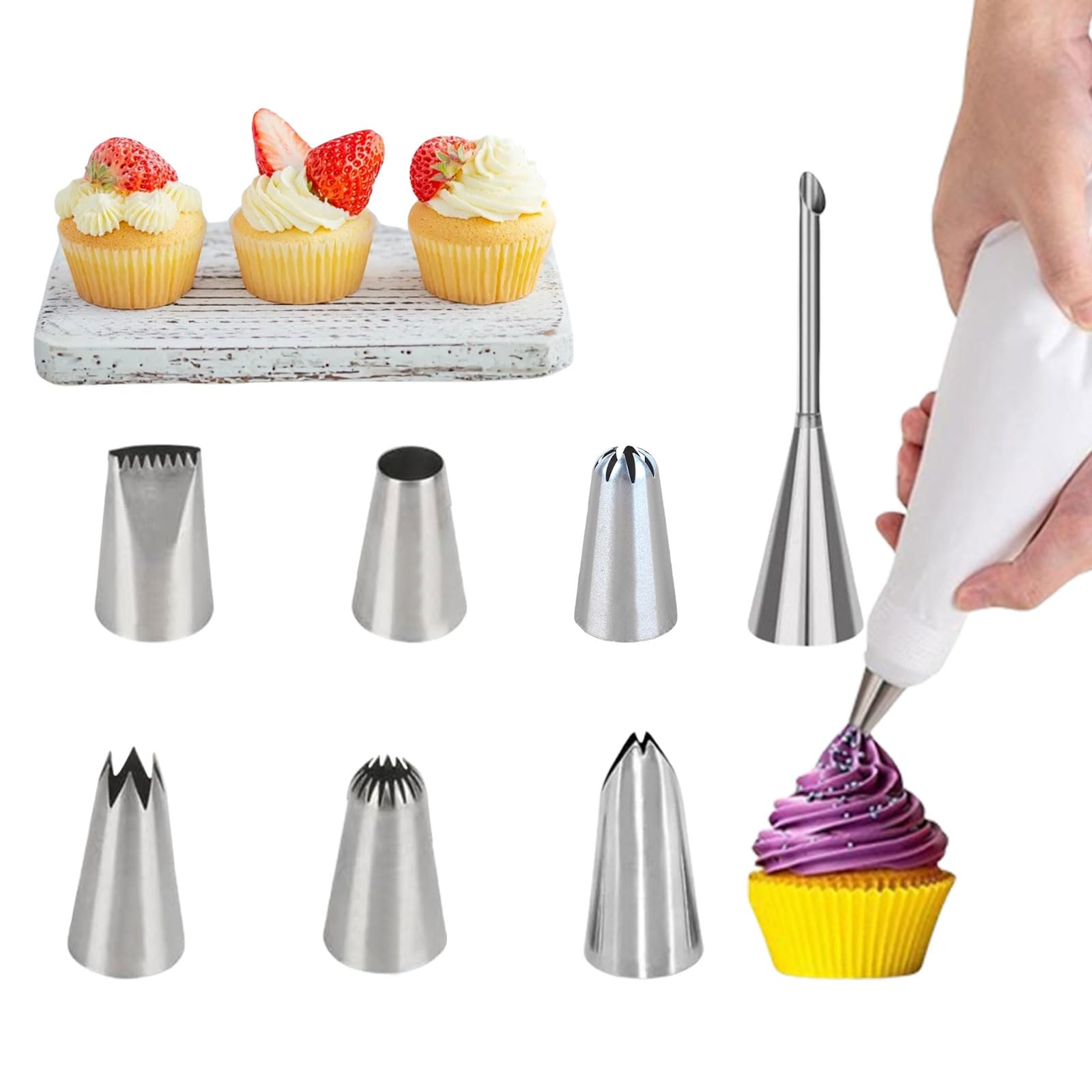 Piping Tips, 7 Pcs Stainless Steel Flower Leaf Puff Round Icing Piping Nozzles Cake Decorating Tips Set Baking Tools for Cream Cupcake Cookie