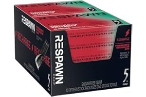 RESPAWN by Razer Gum. Recharge Pomegranate Watermelon Chewing Gum, Sugar Free, 15 Count (Pack of 10) Bulk Box