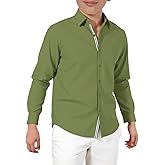 Haloumoning Boys Long Sleeve Dress Shirts Kids Solid Casual Button Down Uniform Shirts 5-14 Years