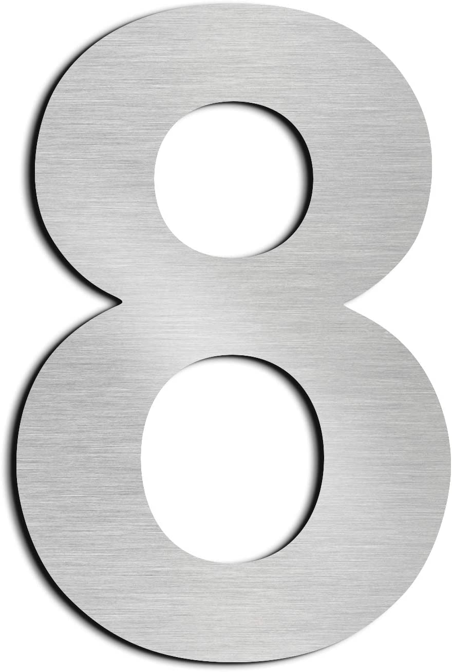 House Number 304 Stainless Steel - Brushed Stainless Steel Silver Finish - Modern Floating Appearance and Easy Installation - Includes Mounting Material - Arial Font - Height 20 cm - Number 8