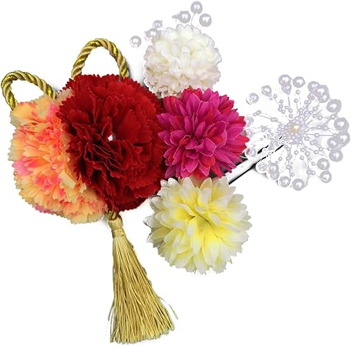 Amazon Co Jp クローバー ヘアアクセサリー 髪飾り 花 発表会 成人式 結婚式 卒業式 和装 着物 浴衣 ピンポンマム 菊 雪輪 5点セット やさしい紅白 服 ファッション小物