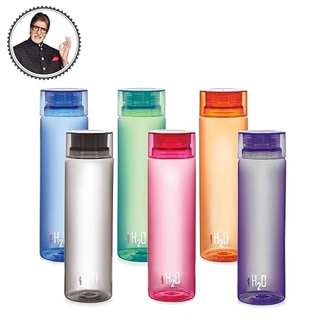 Cello H2O Unbreakable Plastic Bottle Set, 1 Litre, Set of 6, Multicolour