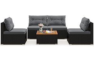Tangkula 5 Piece Rattan Sofa Set, Outdoor Wicker Furniture Set w/Seat & Back Cushions, Square Coffee Table, Patio Sofa Set for Backyard, Poolside (Grey)