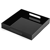 BEYLANG Glossy Black Sturdy Acrylic Serving Tray with Handles-12x12 Inch-Serving Coffee,Appetizer,Breakfast,Butler-Kitchen Countertop Tray-Makeup Drawer Organizer-Vanity Table,Ottoman Tray-Decorative