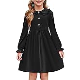 Arshiner Girls Long Sleeve Dress Fall Winter Ruffle Peter Pan Collar Front Button Casual Cotton Dresses