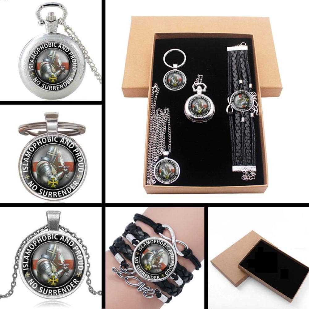 HELBOD Pocket Watch Vintage No Surrender Knight Templar Jewelry Gift Set Have Pocket Watch and Pendant Necklace and Key Chain Bracelet with Gift Box
