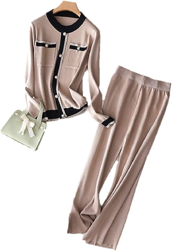 Amazon Kii ２点セット カーディガン風ラインニット ニットパンツ ワイドパンツ セーター スーツ セットアップ ベージュ L セーター 通販