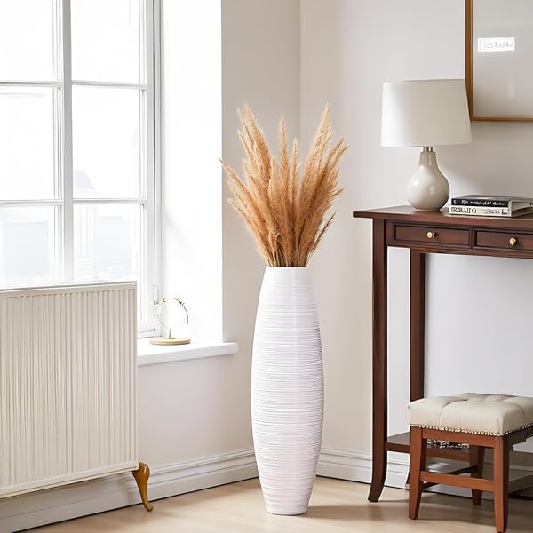 ROCENDLOR TALL FLOOR VASE, 27.5 INCHES (70CM, 2.3FT) FLOOR VASE STURDY AND LUXURIOUS,TALL VASES FOR COUNTRY HOME DECOR, LIVING ROOM, RESIN WHITE VASES