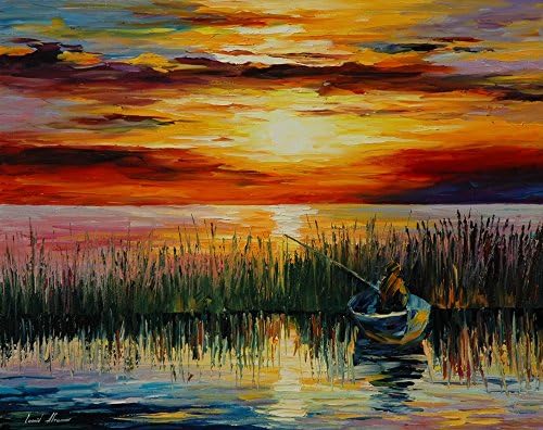 Leonid Afremov Original Image From Painting Fishing On The Lake Print On Artistic Cotton Canvas, Size: 20"X24"