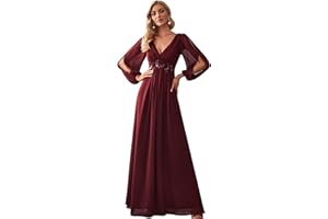 Ever-Pretty Women's V Neck Long Sleeves Floor Length Ruched Chiffon Formal Dress 00461