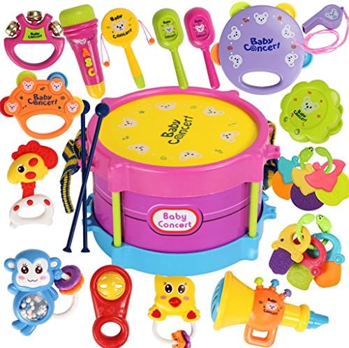 ROWAG 23 Pieces Baby Rattles and Teethers Drum Set for Boy Girl Educational Kids Musical Instrument Playset Toys
