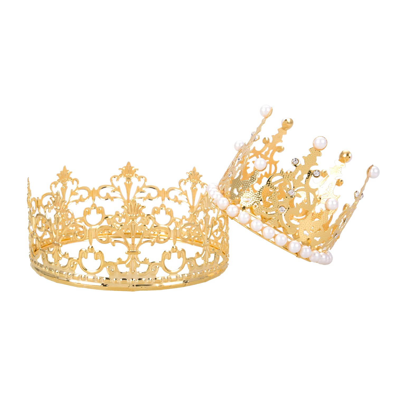 Euvoym 2 Pieces Gold Crown Cake Topper Princess Rhinestone Pearl Crown Decoration for Wedding Birthday Cake Decoration