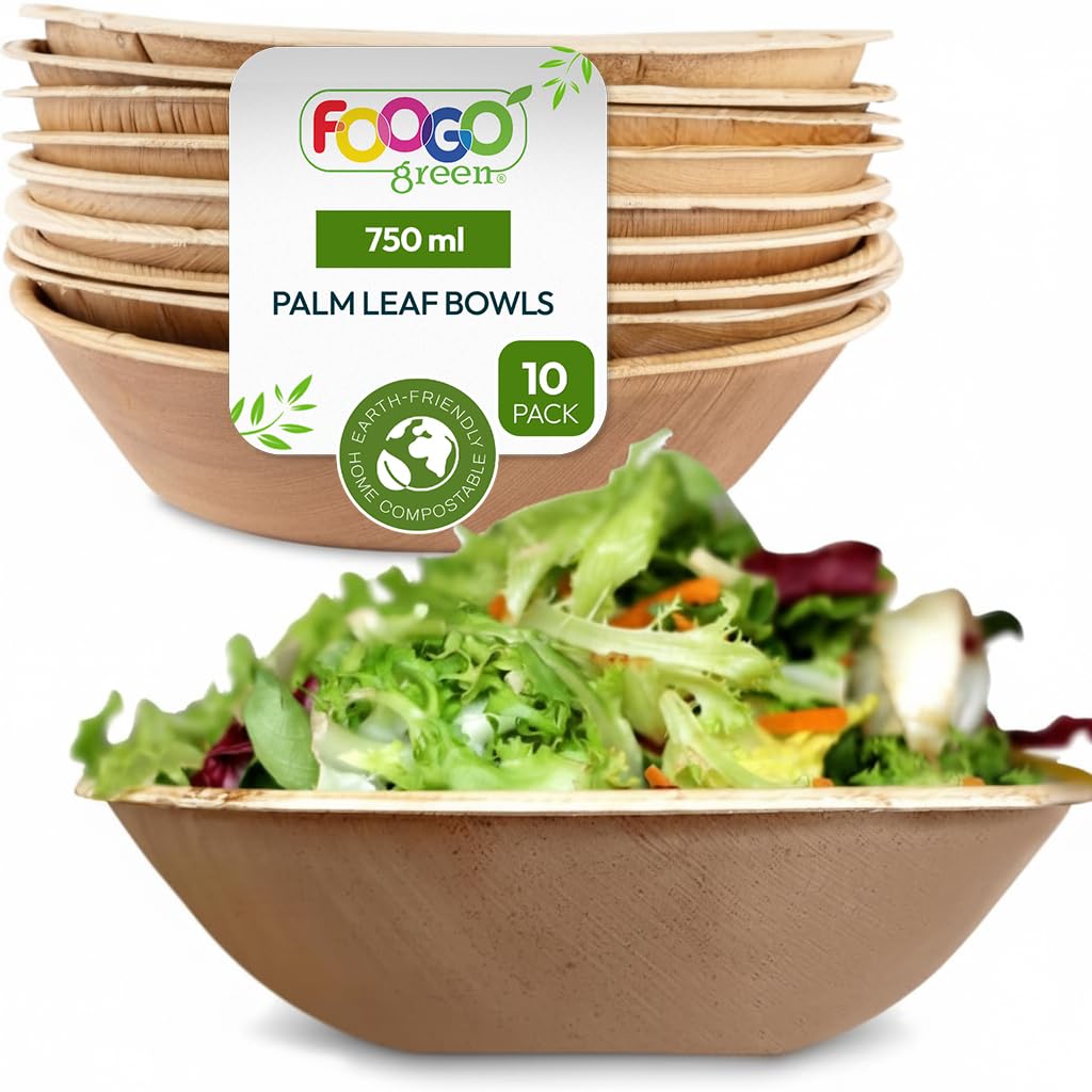 FOOGO Green 10pcs Disposable Palm Leaf Serving Bowls, 8"(20cm), 26.5oz (750ml), Deep Round, Biodegradable Compostable, for Salad, Wedding Party, Like Wooden, Bamboo and Paper Bowls