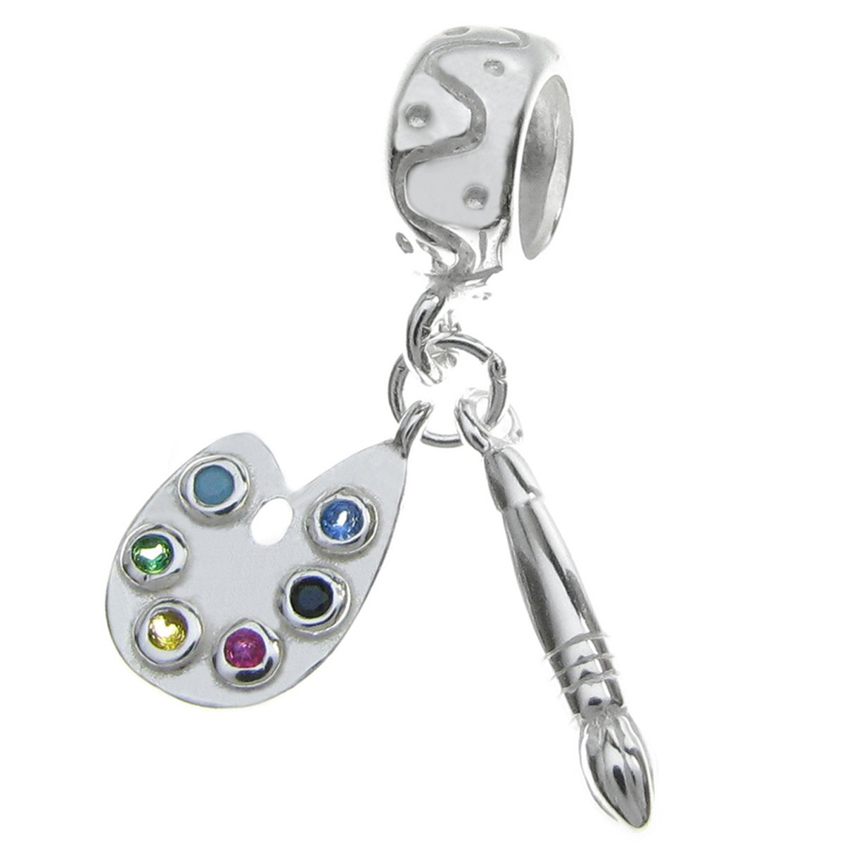 Queenberry Sterling Silver Cubic Zirconia Art Palette w/Brush Dangle Bead f/European Charm Bracelet