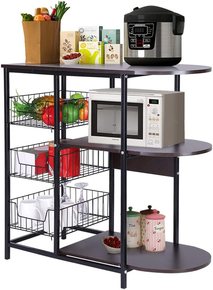 Us Fast Shipment 3-Tier Kitchen Baker's Rack Microwave Oven Stand Workstation Shelf Storage Baskets Large Size Storage Shelf (Black, 31.5 x 13.0 x 29.5 inches) - Standing Baker's Racks