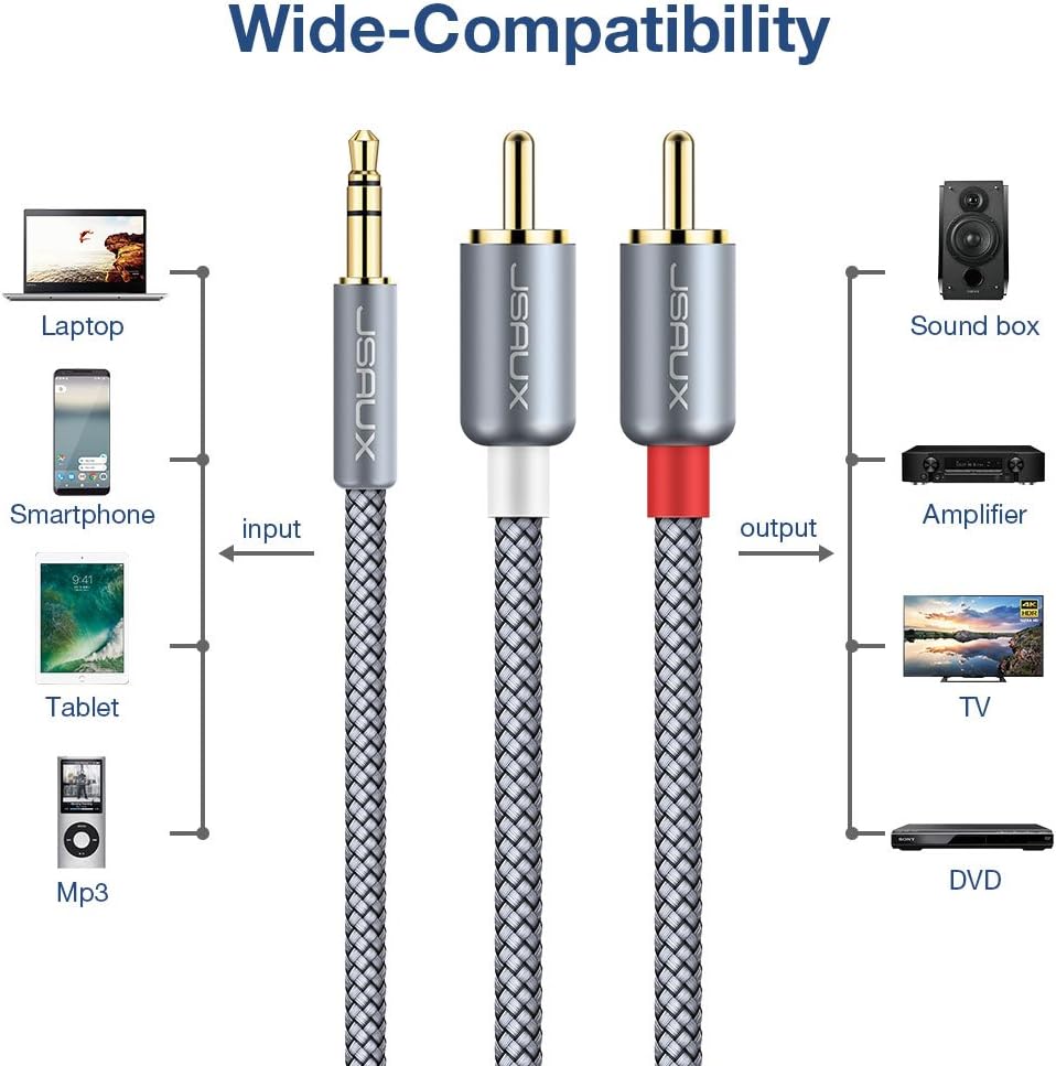JSAUX RCA Cable, [4ft/1.2M, Dual Shielded Gold-Plated] 3.5mm Male to 2RCA Male Stereo Audio Adapter Cable Nylon Braided AUX RCA Y Cord for Smartphones, MP3, Tablets, Speakers, HDTV [Grey]: Industrial & Scientific