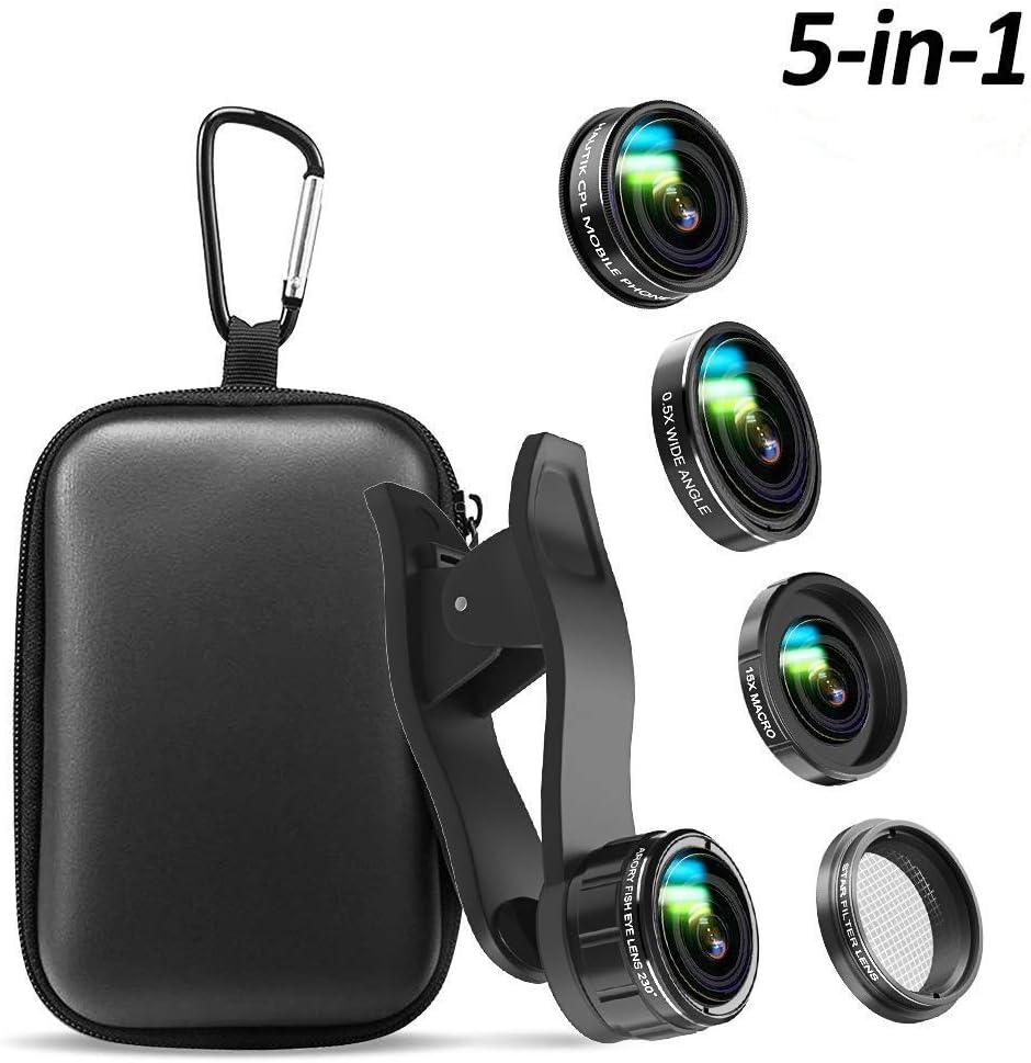 Phone Camera Lens, 5 in 1 Cell Phone Camera Lens 0.5X Wide Angle Lens+15x Macro Lenses +230° Fisheye Lens +CPL +Star Lens Compatible for iPhone x 8 7 6 6s Plus Samsung Huawei Android Smartphone