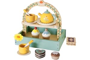 MIKNEKE Wooden Dessert Cake Tea Party Set for Little Girls Toys, Pretend Play Kids Tea Set for Toddlers Wood Toys, Wooden Play Food Kitchen Accessories Sets for Kids