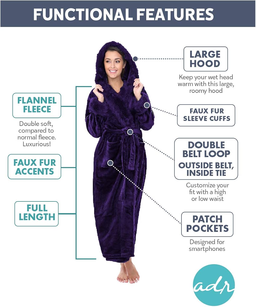 Alexander Del Rossa Women's Warm Fleece Robe with Hood, Long Faux Fur Plush Bathrobe at  Women’s Clothing store