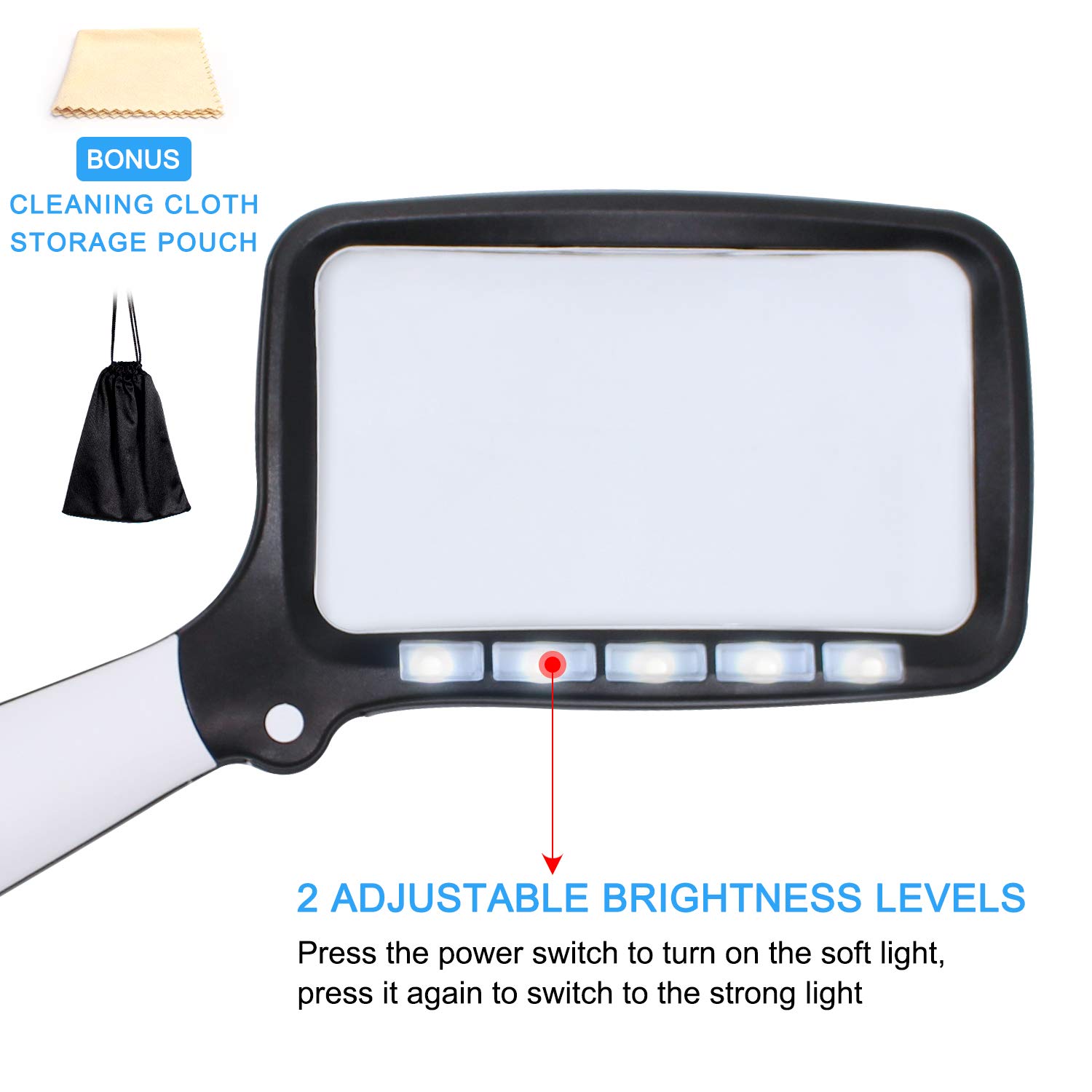 H+LUX Lighted Magnifying Glass 2X Large Handheld Reading Magnifier with 5 Dimmable LED Lights, Folding Handle, Rectangular Lens, Ideal for Seniors Reading, Low Vision, Macular Degeneration, Hobbyists