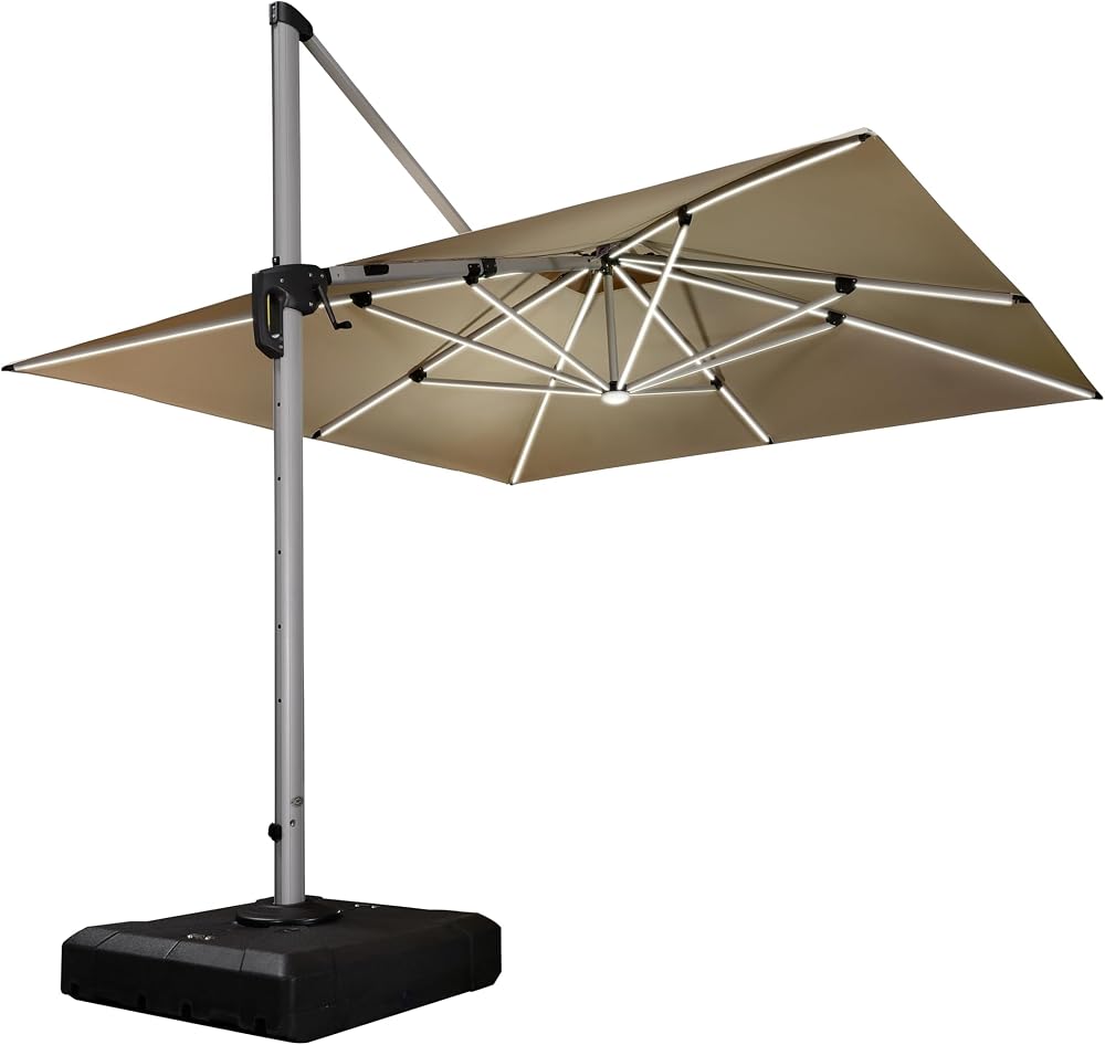 Purple Leaf 3.3m Cantilever Parasol with LED Solar Lights Beige