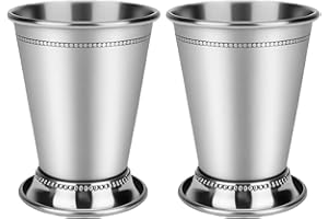 Set of 2 Mint Julep Cups, 12 Oz Stainless Steel Mint Julep Cup, Silver Metal Cocktail Glasses with Beaded Trim Border, Suitab