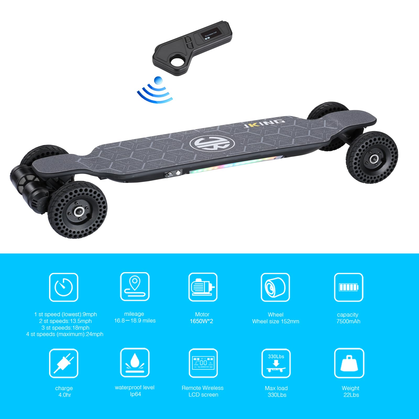 JKING Electric Skateboard Electric Longboard with Remote Control Skateboard,1800W Dual Brushless Motor,24 MPH Top Speed，18.6 Miles Range,4 Speed Adjustment，Max Load 330 Lbs,6 Months Warranty