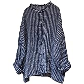 NFYM Womens Button Down Shirts Gauze Linen Dress Shirt Long Sleeve Pleated Stripe Tunic Tops
