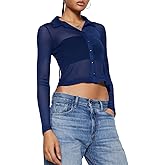 ZANZEA Women's Sexy Mesh Shirt Sheer Button Up Blouse See Through Long Sleeve Crop Top