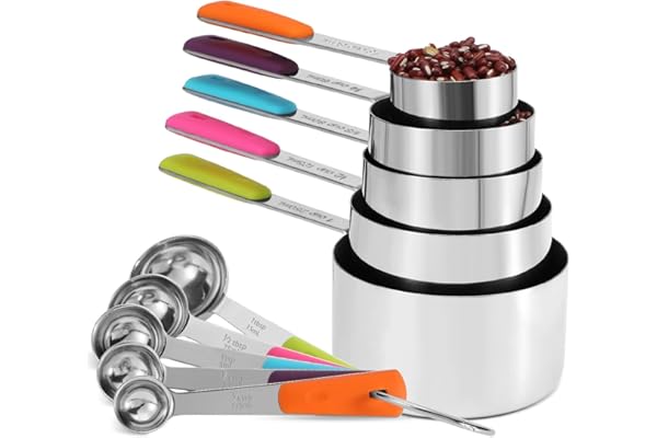 Bopei Measuring Cups and Spoons Set Stainless Steel 10 Piece for Cooking and Baking (5 Cups + 5 Spoons, Colorful Handles)
