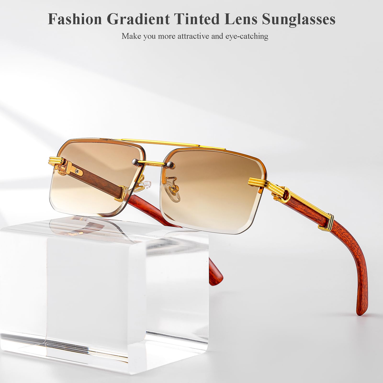 Gleyemor Mens Sunglasses Fashion Rimless Rectangle Sunglasses Square Frameless Sunglasses for Men