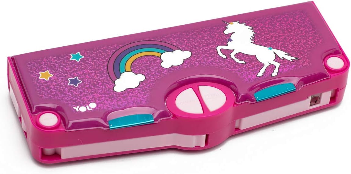 YOLO Pop Out Pencil Case with Functional Stationery Set. Unicorn and Rainbow Pink Design for Girls. Gift for School and Home.