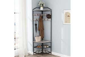 GiftGo Grey Corner Hall Tree with Shoe Bench Entryway Coat Rack with 10 Metal Movable Hooks Rustic Farmhouse Floorstanding Clothes Rack Shoes Shelf Organizer for Home Office Bedroom (Greige)