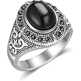 Mytys Black Onyx Stone Rings for Women Marcasite Vintage Cocktail Statement Rings Silver Chunky Crystal Antique Retro for victorians Jewelry Gift